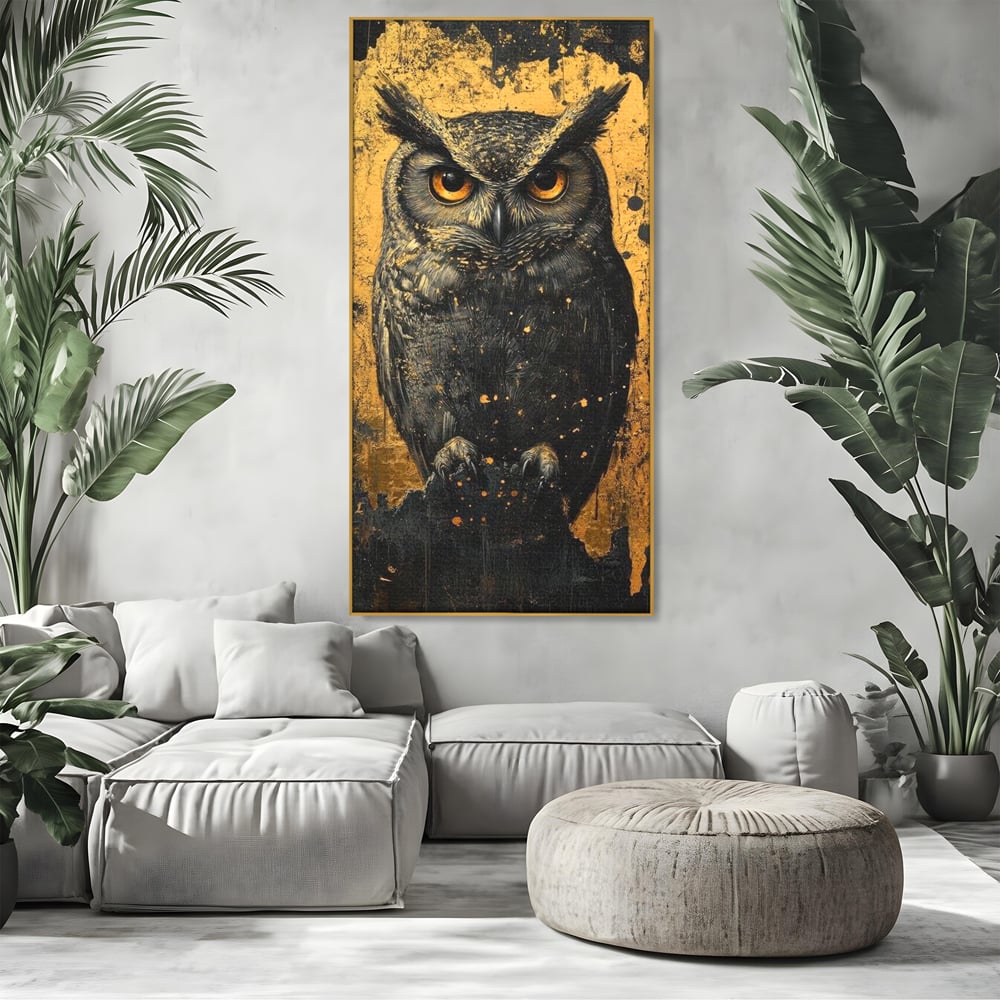 Tablou canvas cu tablou canvas cu bufnita neagra si fundal auriu, in rama de aluminiu auriu, pe perete intr-un living